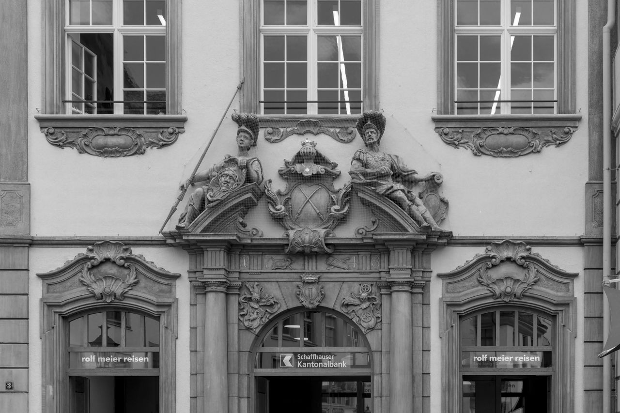 Elegant baroque architecture of Schaffhausen Kantonalbank building with detailed sculptures.